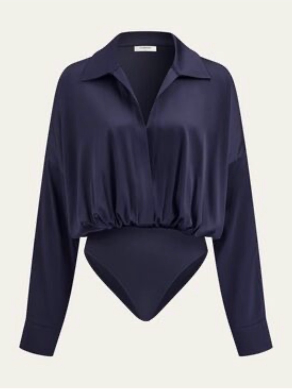 Commense Navy Satin Long-Sleeve Collared Bodysuit